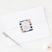 Oh Baby shower Cute Pink Floral Navy Blue Stripes Vierkante Sticker (Envelop)