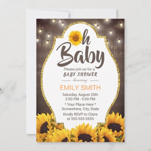 Oh Baby shower Elegant Sunflower & Music Kaart (Voorkant)