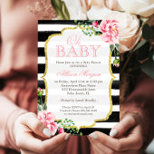 Oh Baby shower Floral Gold Black White Stripes Kaart