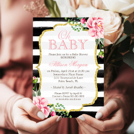 Oh Baby shower Floral Gold Black White Stripes Kaart