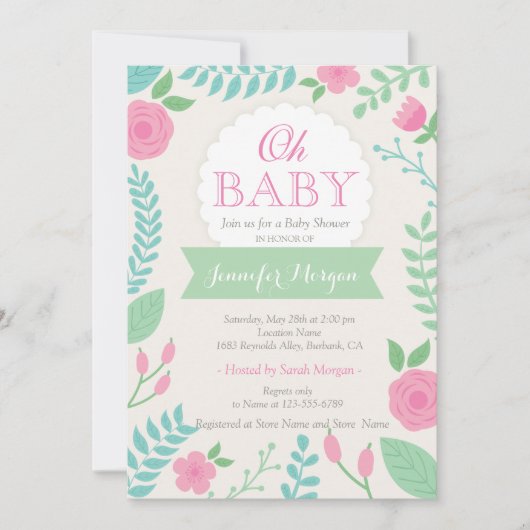 Oh Baby shower Girly Sweet Chic Bloemenuitnodiging Kaart (Voorkant)