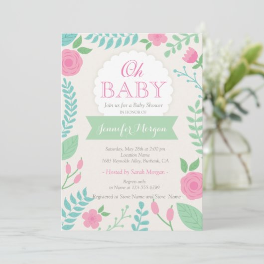 Oh Baby shower Girly Sweet Chic Bloemenuitnodiging Kaart (Staand voorkant)
