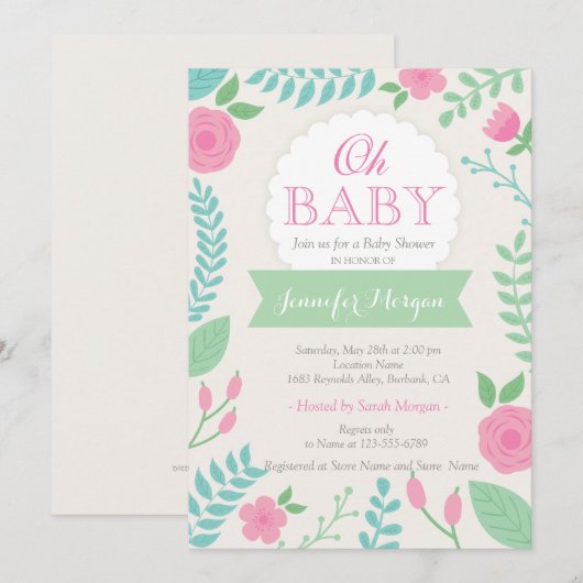 Oh Baby shower Girly Sweet Chic Bloemenuitnodiging Kaart (Voorkant / Achterkant)