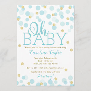 Oh Baby shower Invitation Boy Blue Gold Glitter Kaart