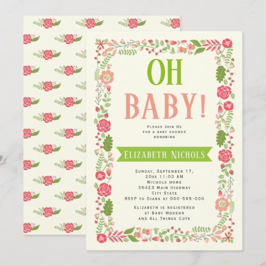 Oh Baby shower koraal roze mooie florale rand Kaart (Voorkant / Achterkant)