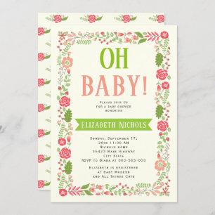 Oh Baby shower koraal roze mooie florale rand Kaart