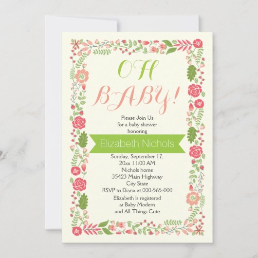 Oh Baby shower koraal roze mooie florale rand Kaart (Voorkant)