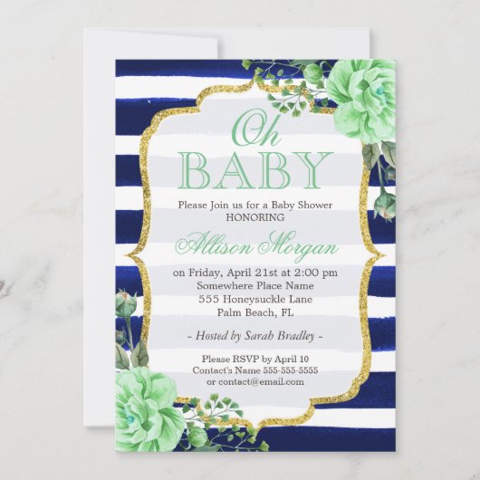 Oh Baby shower Mint Floral Gold Navy Stripes Kaart (Voorkant)