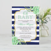 Oh Baby shower Mint Floral Gold Navy Stripes Kaart (Staand voorkant)