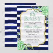 Oh Baby shower Mint Floral Gold Navy Stripes Kaart (Voorkant / Achterkant)