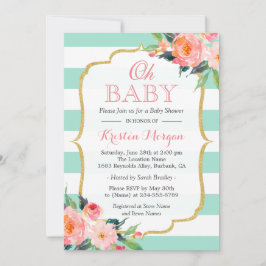 Oh Baby shower Mint Green Stripes Pink Floral Kaart
