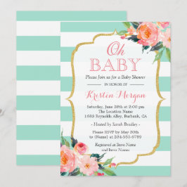 Oh Baby shower Mint Green Stripes Pink Floral Kaart