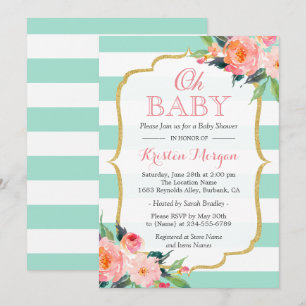 Oh Baby shower Mint Green Stripes Pink Floral Kaart
