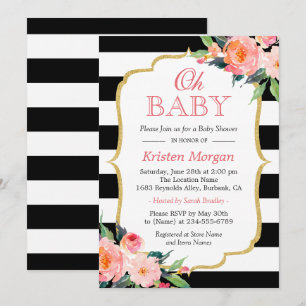 Oh Baby shower Modern Floral Gold Lijst Stripes Kaart