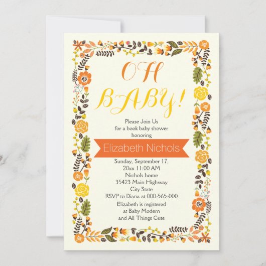 Oh Baby shower orange and yellow floral border Kaart (Voorkant)
