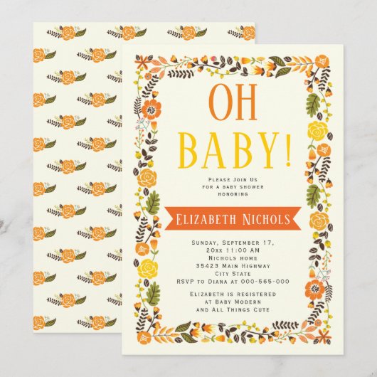 Oh Baby shower orange and yellow floral border Kaart (Voorkant / Achterkant)