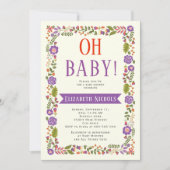 Oh Baby shower paarse & oranje bloemrand Kaart (Voorkant)