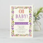 Oh Baby shower paarse & oranje bloemrand Kaart (Staand voorkant)