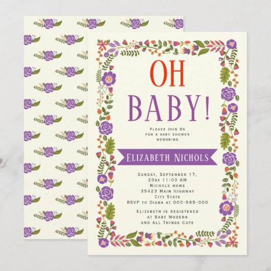 Oh Baby shower paarse & oranje bloemrand Kaart (Voorkant / Achterkant)
