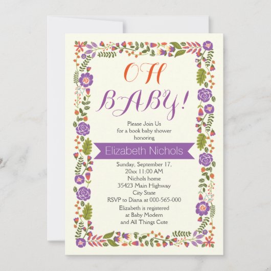 Oh Baby shower paarse & oranje bloemrand Kaart (Voorkant)