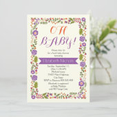 Oh Baby shower paarse & oranje bloemrand Kaart (Staand voorkant)