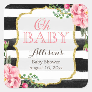 Oh Baby shower Romantic Roze Floral Gold Stripes Vierkante Sticker