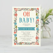 Oh Baby shower rood en turquoise moderne bloemrijk Kaart (Staand voorkant)