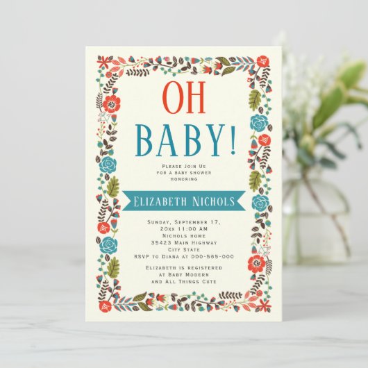 Oh Baby shower rood en turquoise moderne bloemrijk Kaart (Staand voorkant)