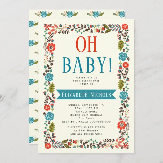 Oh Baby shower rood en turquoise moderne bloemrijk Kaart (Voorkant / Achterkant)