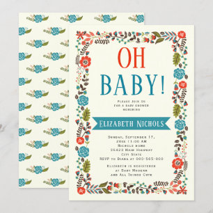 Oh Baby shower rood en turquoise moderne bloemrijk Kaart