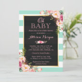 Oh Baby shower Roze Floral Mint Green Stripes Kaart (Staand voorkant)