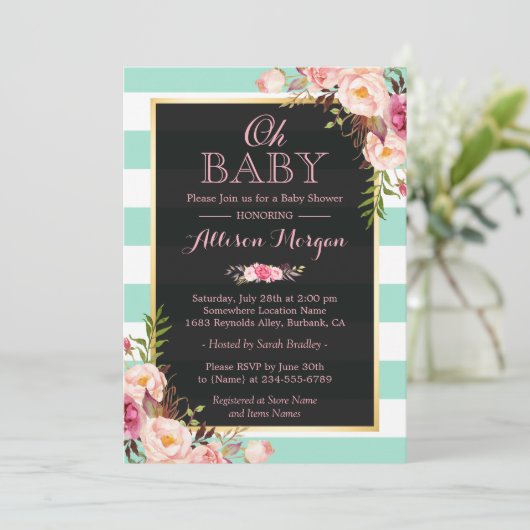 Oh Baby shower Roze Floral Mint Green Stripes Kaart (Staand voorkant)