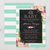 Oh Baby shower Roze Floral Mint Green Stripes Kaart (Voorkant / Achterkant)