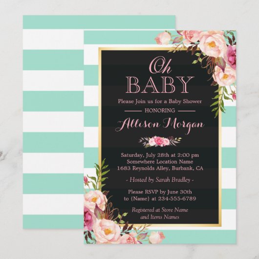 Oh Baby shower Roze Floral Mint Green Stripes Kaart (Voorkant / Achterkant)