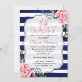 Oh Baby shower Roze Floral Silver Navy Blue Stripe Kaart