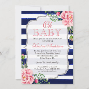 Oh Baby shower Roze Floral Silver Navy Blue Stripe Kaart