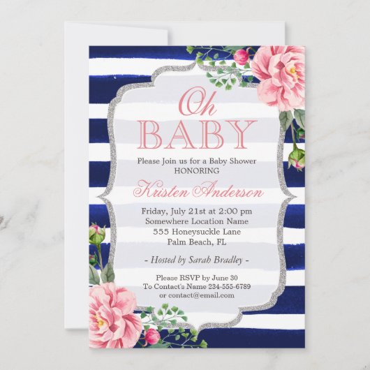 Oh Baby shower Roze Floral Silver Navy Blue Stripe Kaart (Voorkant)