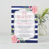 Oh Baby shower Roze Floral Silver Navy Blue Stripe Kaart (Staand voorkant)