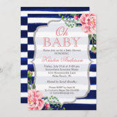 Oh Baby shower Roze Floral Silver Navy Blue Stripe Kaart (Voorkant / Achterkant)