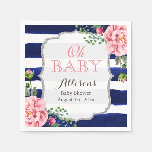 Oh Baby shower Roze Floral Silver Navy Stripes Servet (Voorkant)