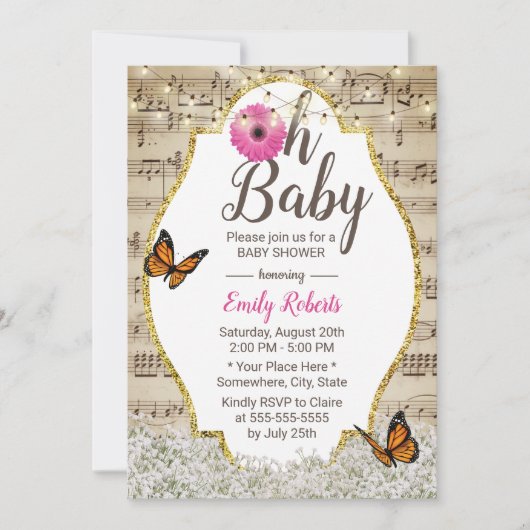 Oh Baby shower Rustic Baby's Breath Floral Musical Kaart (Voorkant)