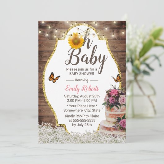 Oh Baby shower Rustic Floral Cake Sunflower Kaart (Staand voorkant)