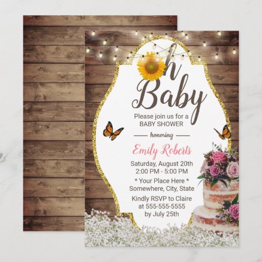 Oh Baby shower Rustic Floral Cake Sunflower Kaart (Voorkant / Achterkant)