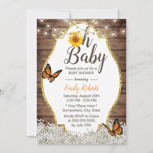 Oh Baby shower Rustic Floral Sunflower Butterfly Kaart (Voorkant)