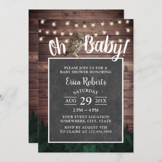 Oh Baby shower Rustic Forest Owl String Lights Kaart (Voorkant / Achterkant)