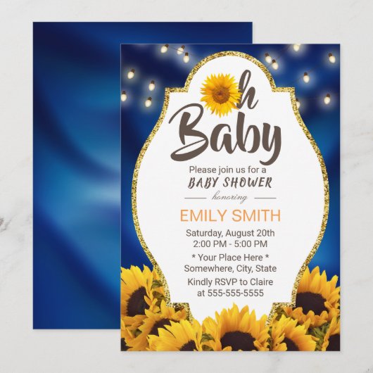 Oh Baby shower Rustic Sunflower Blue Kaart (Voorkant / Achterkant)