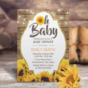 Oh Baby shower Rustic Sunflower & String Lights Kaart