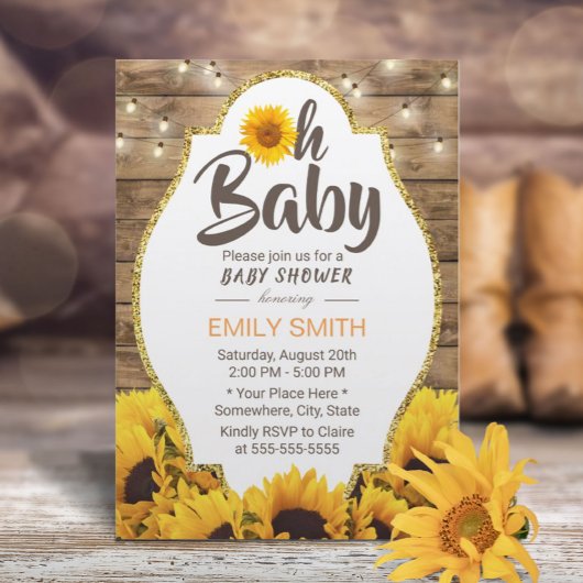 Oh Baby shower Rustic Sunflower & String Lights Kaart