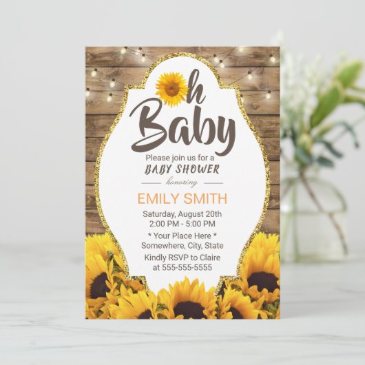 Oh Baby shower Rustic Sunflower & String Lights Kaart (Staand voorkant)