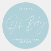 Oh Baby shower script modern bleek blauw elegant Ronde Sticker (Voorkant)